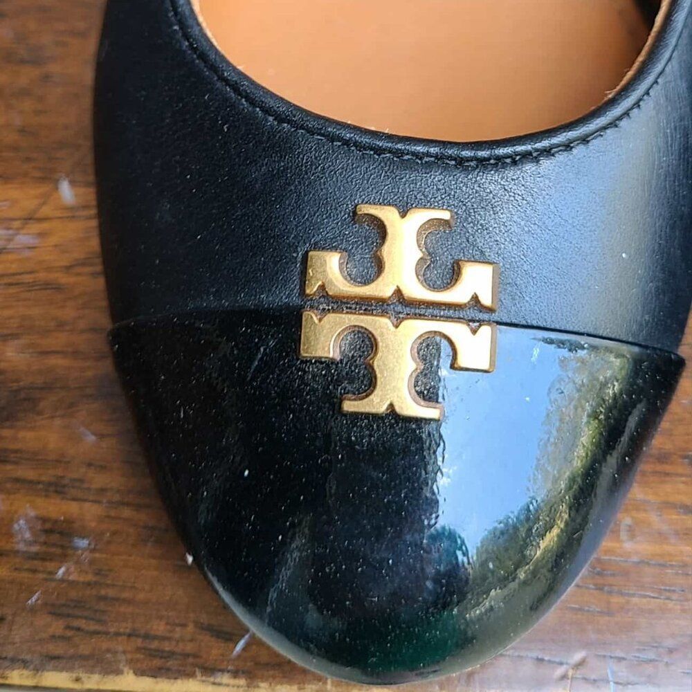 Tory Burch Everly Cap Toe Wedge Black Pumps Size 7 - Picture 6 of 15